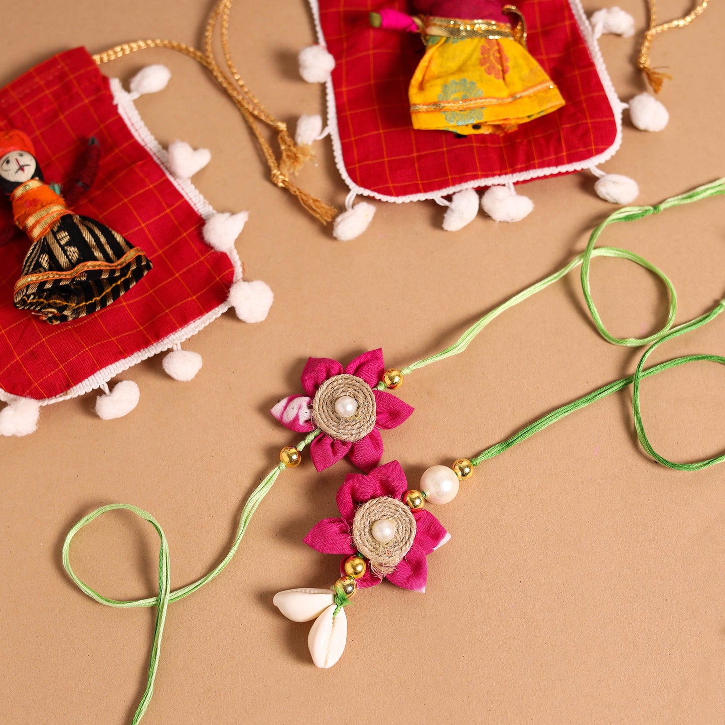 Buy Handmade Fabric Flower Jute Rakhi & Lumba Set 