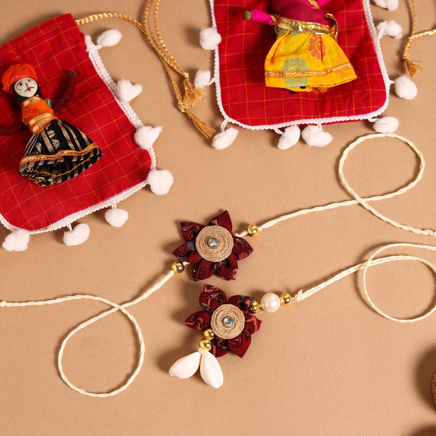  Handmade Fabric Flower Jute Rakhi & Lumba Set 