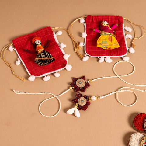  Handmade Fabric Flower Jute Rakhi & Lumba Set 