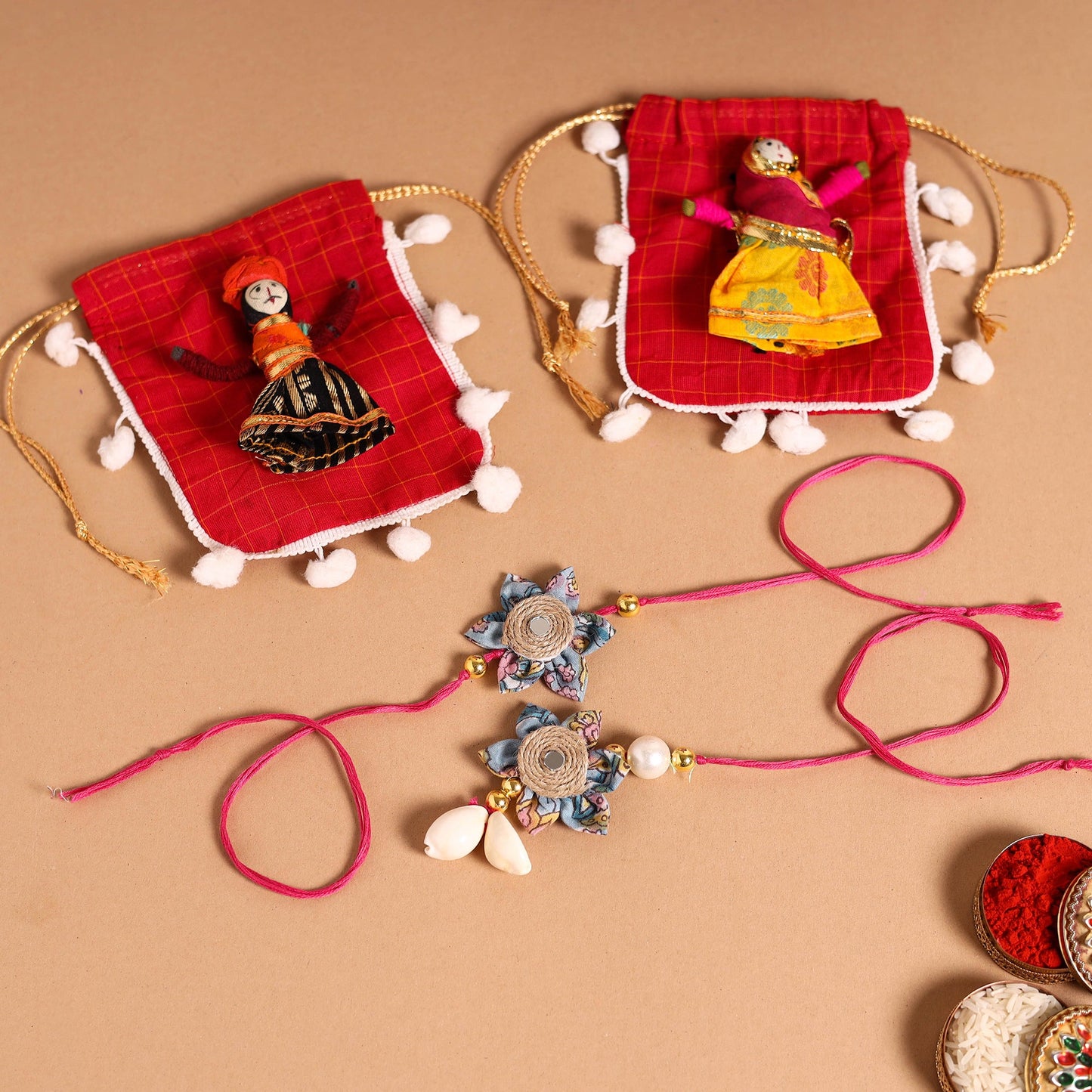 Buy Handmade Fabric Flower Jute Rakhi & Lumba Set 
