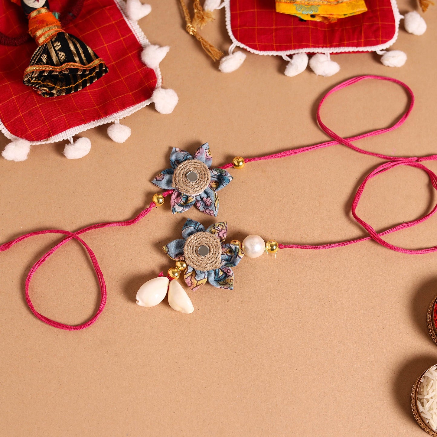 Buy Handmade Fabric Flower Jute Rakhi & Lumba Set 