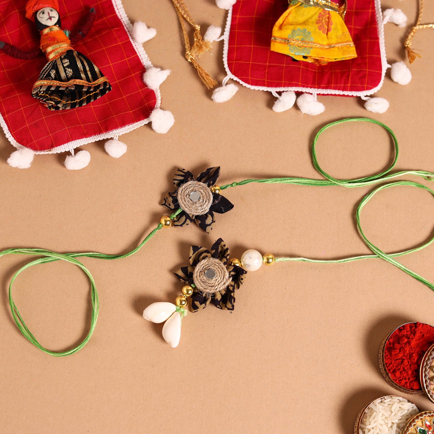  Handmade Fabric Flower Jute Rakhi & Lumba Set 