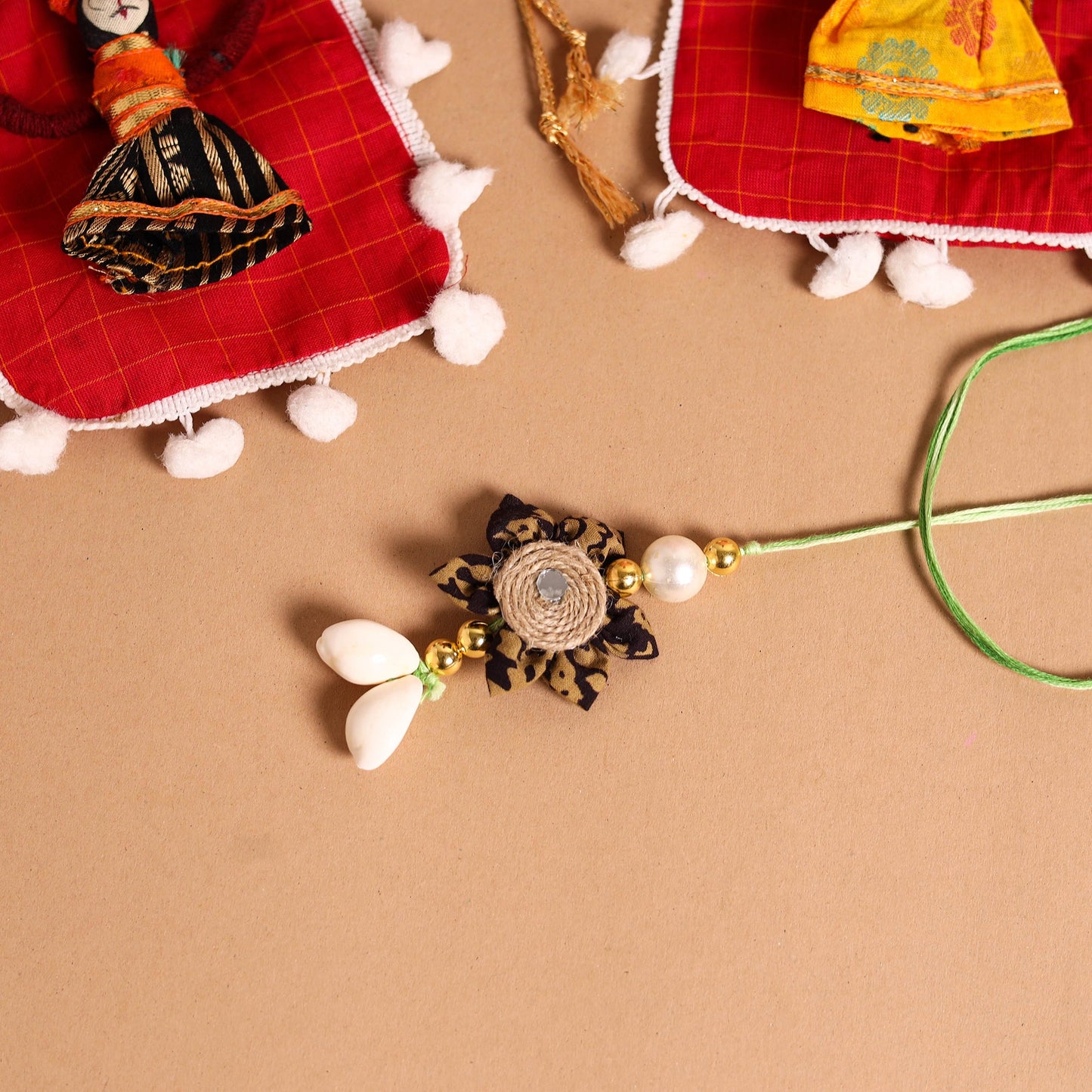  Handmade Fabric Flower Jute Rakhi & Lumba Set 