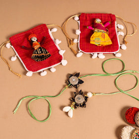  Handmade Fabric Flower Jute Rakhi & Lumba Set 