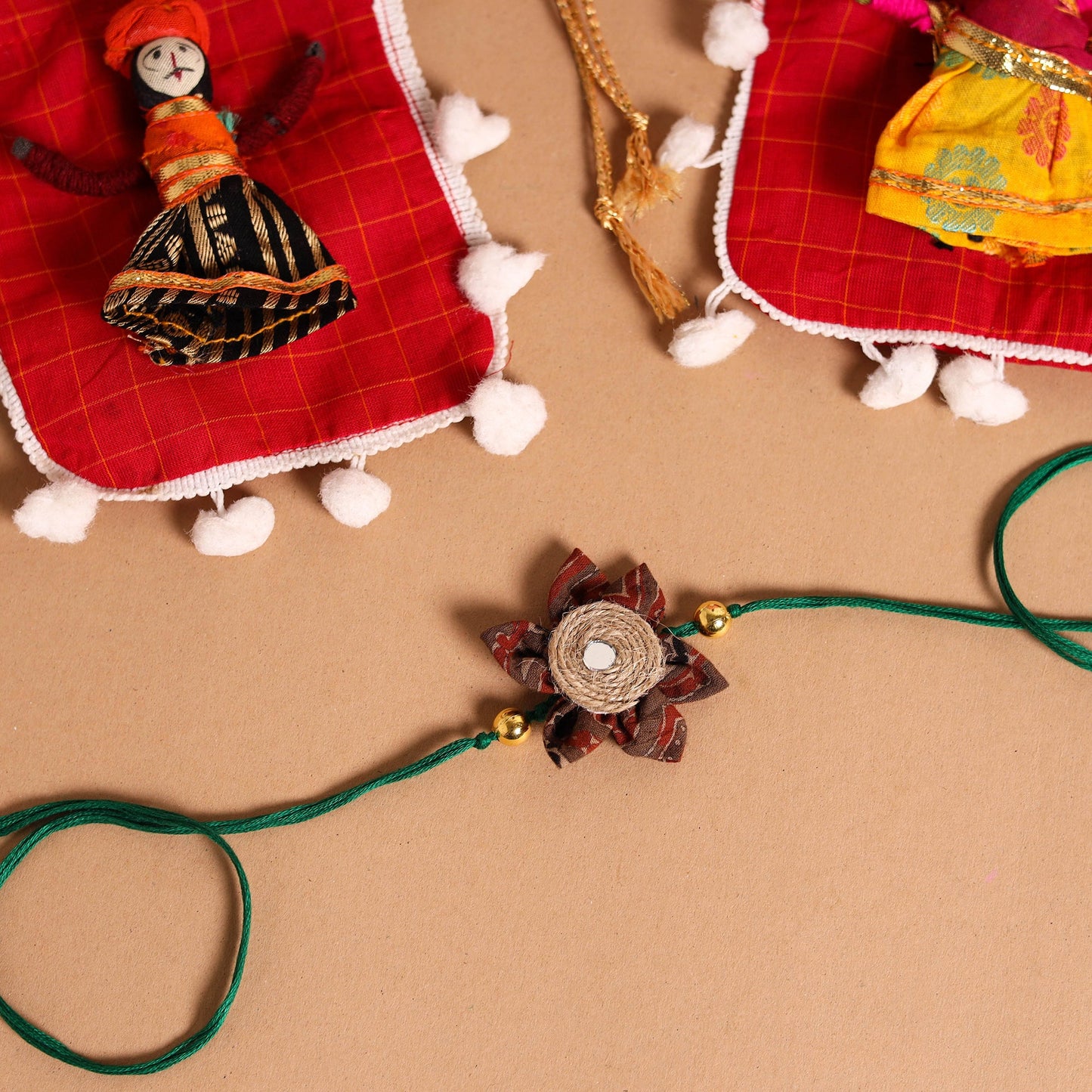  Handmade Fabric Flower Jute Rakhi & Lumba Set 