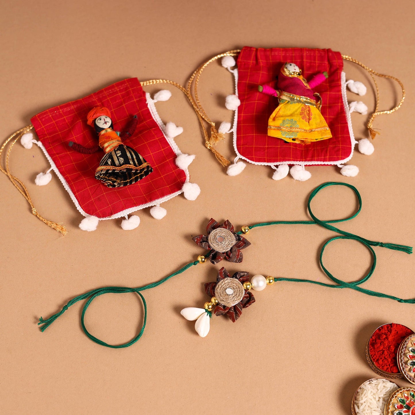  Handmade Fabric Flower Jute Rakhi & Lumba Set 
