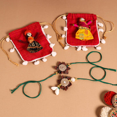  Handmade Fabric Flower Jute Rakhi & Lumba Set 
