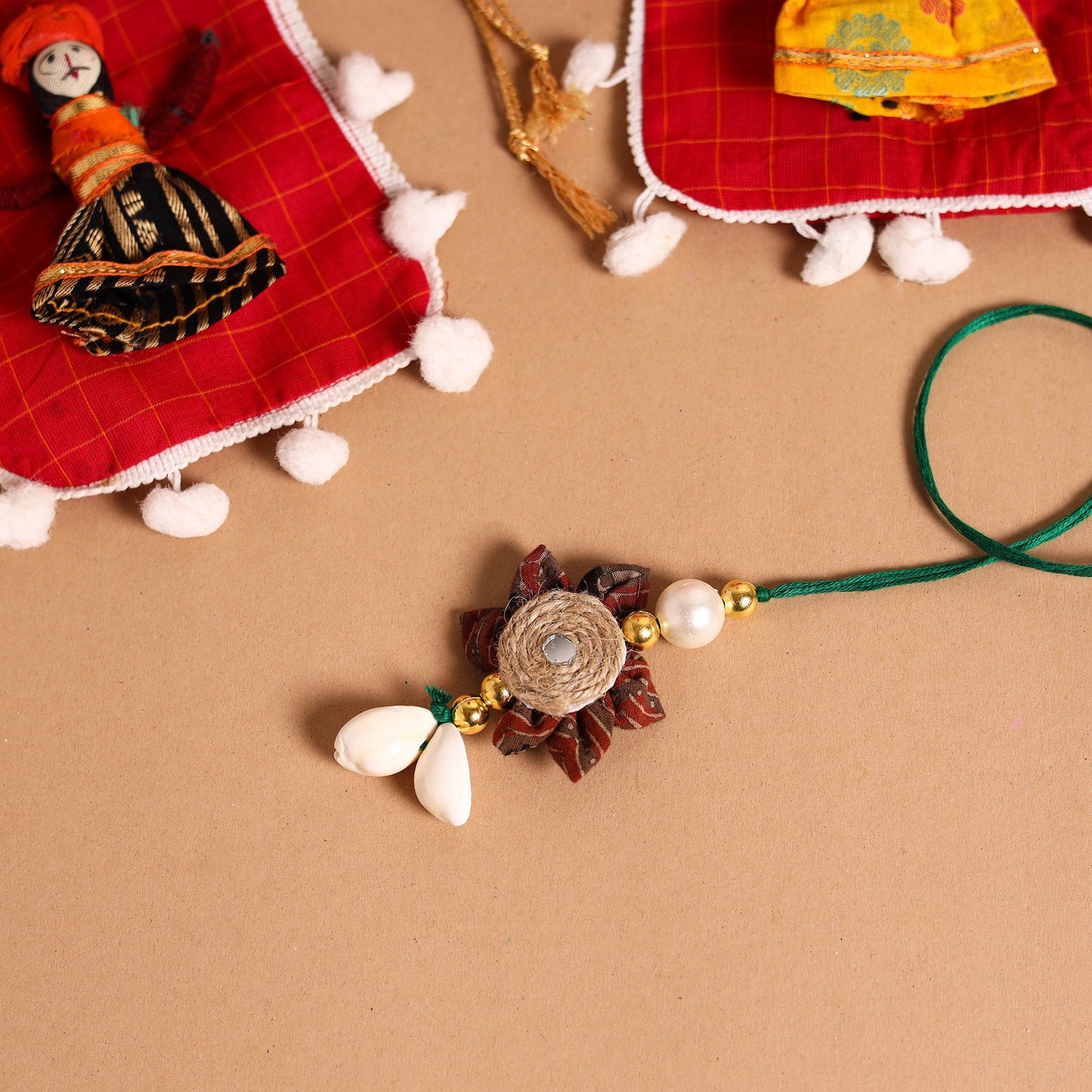  Handmade Fabric Flower Jute Rakhi & Lumba Set 