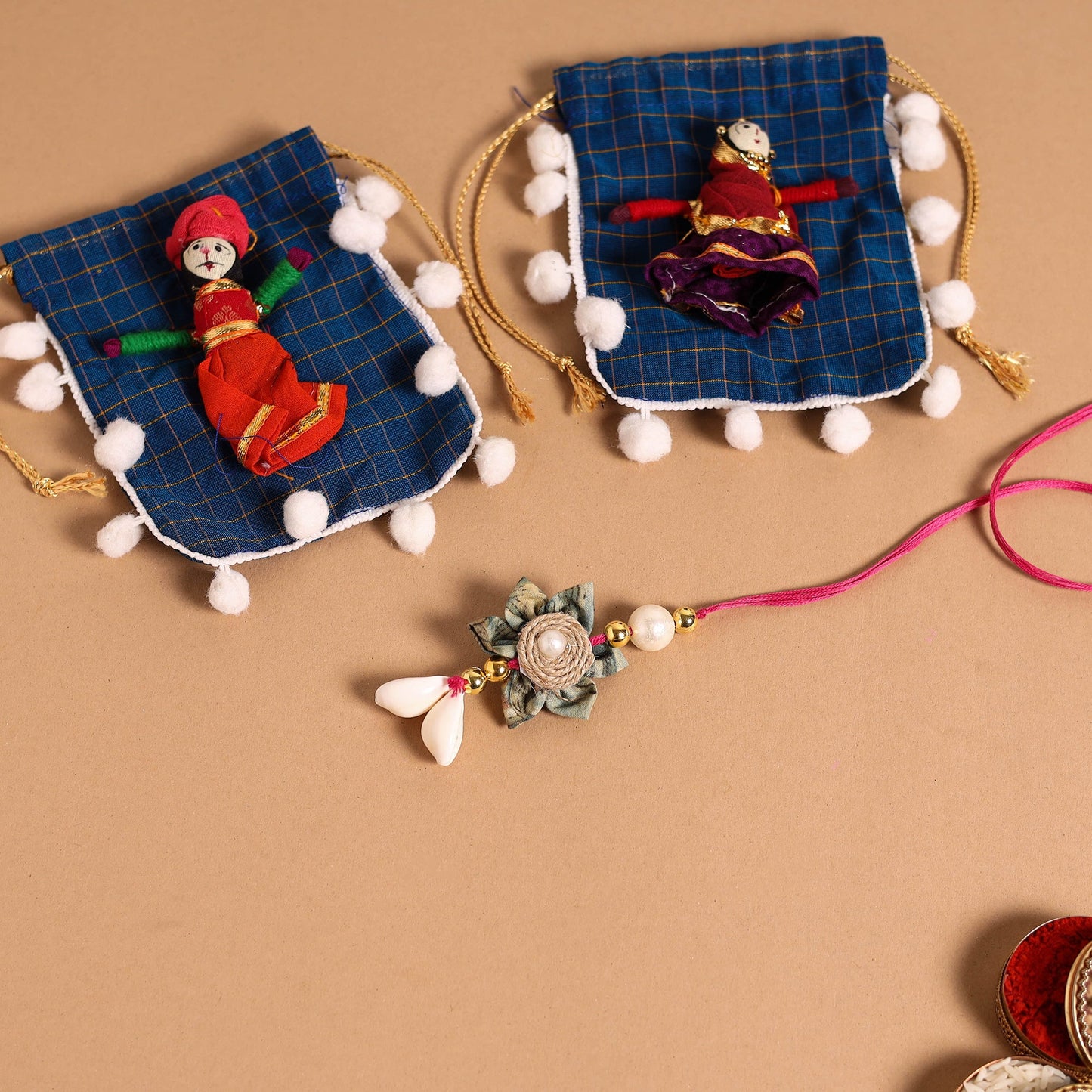  Handmade Fabric Flower Jute Rakhi & Lumba Set 