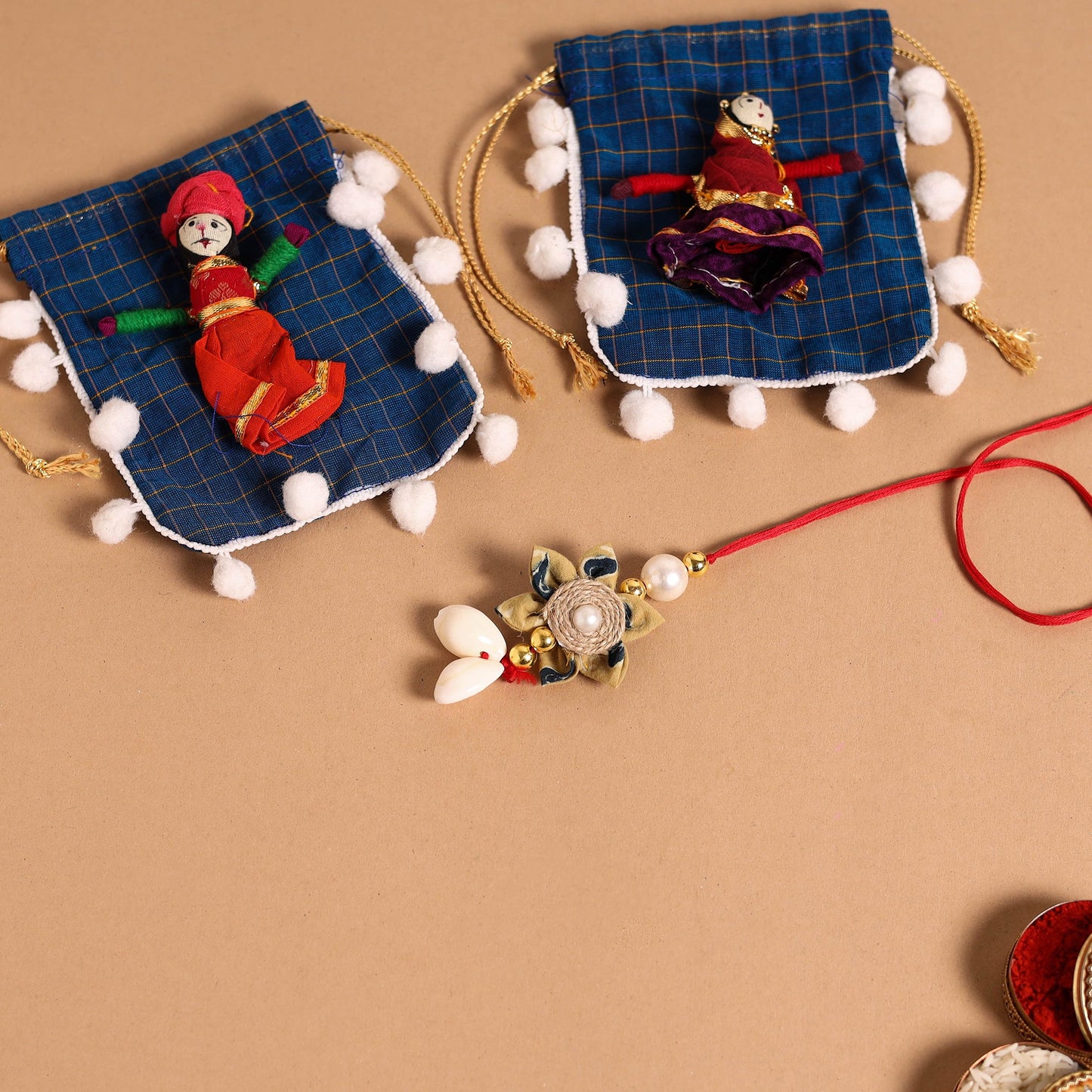  Handmade Fabric Flower Jute Rakhi & Lumba Set 