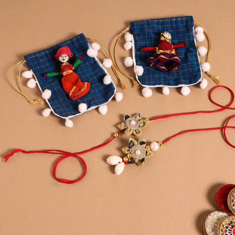  Handmade Fabric Flower Jute Rakhi & Lumba Set 