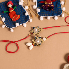  Handmade Fabric Flower Jute Rakhi & Lumba Set 