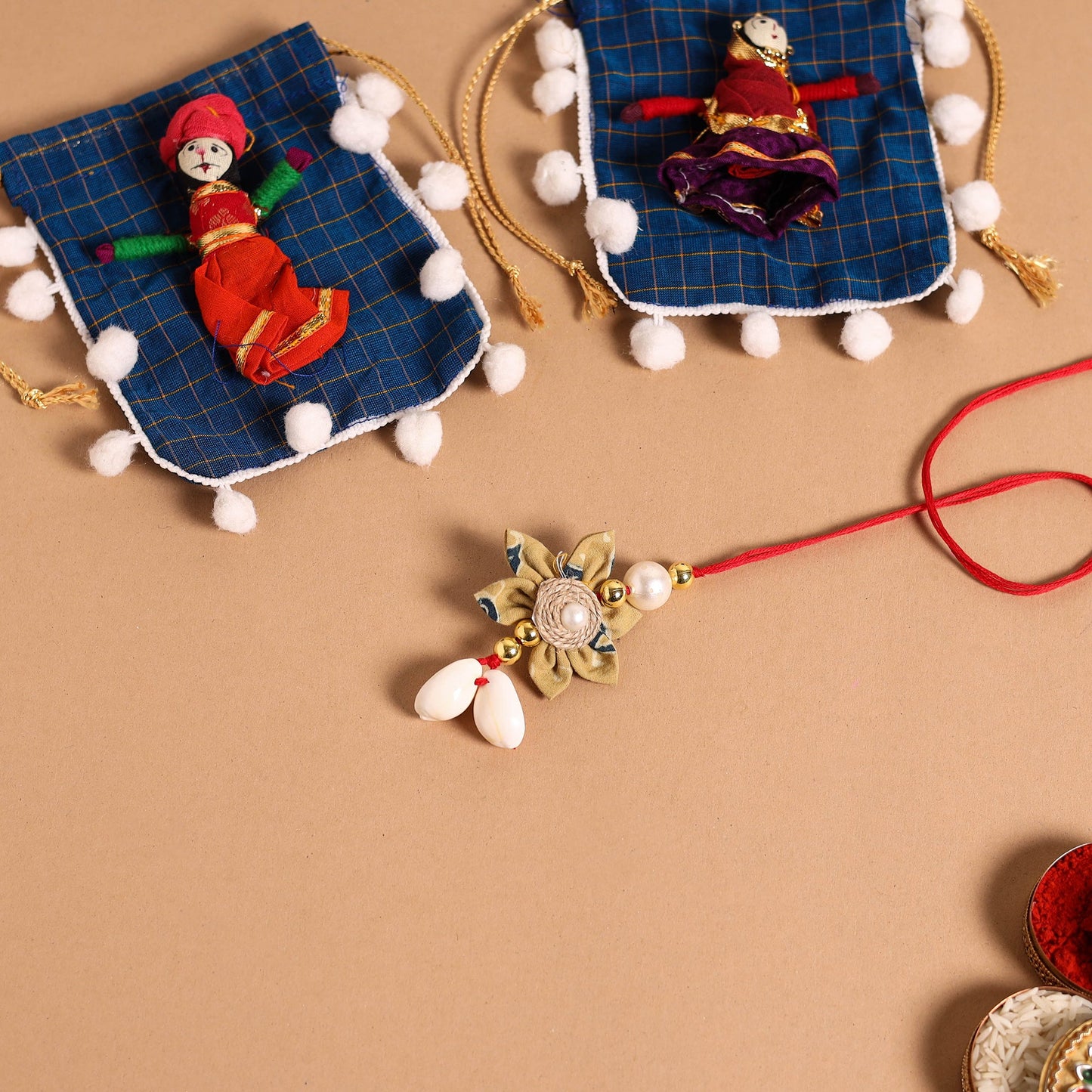 Buy Handmade Fabric Flower Jute Rakhi & Lumba Set 