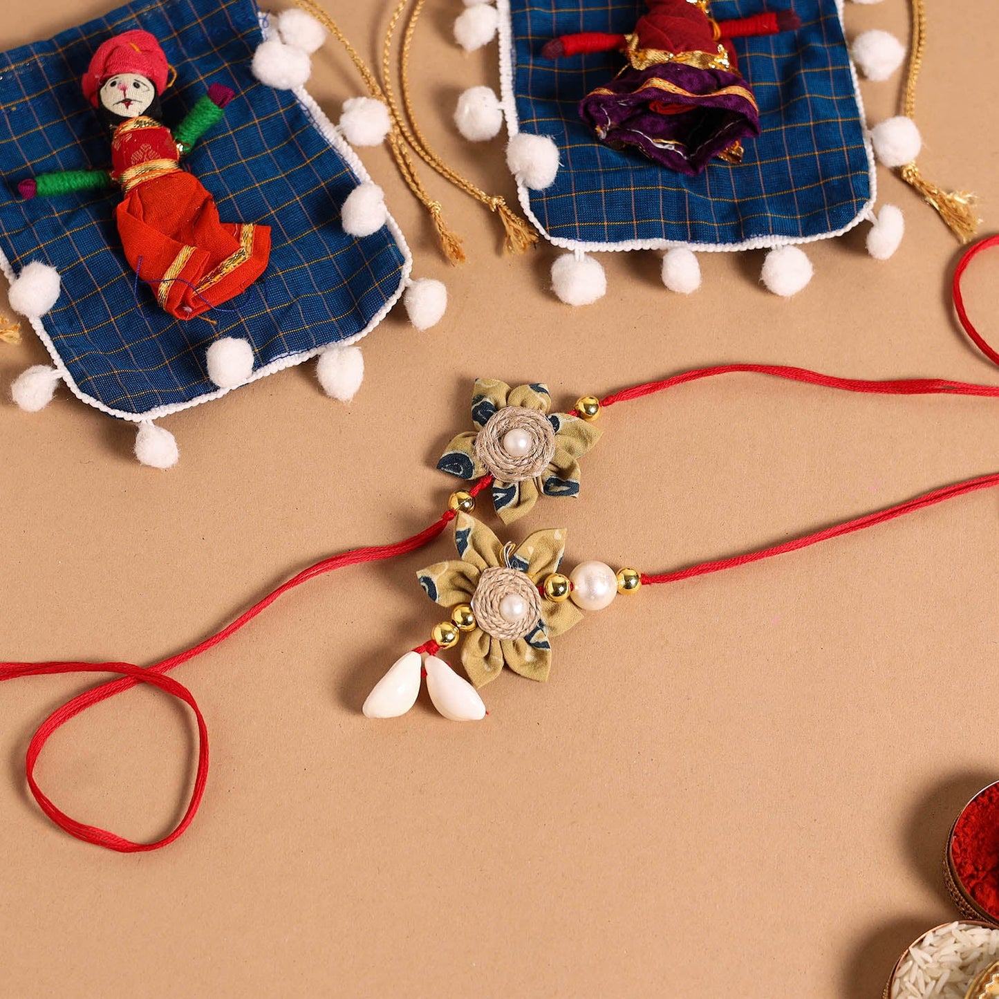 Buy Handmade Fabric Flower Jute Rakhi & Lumba Set 