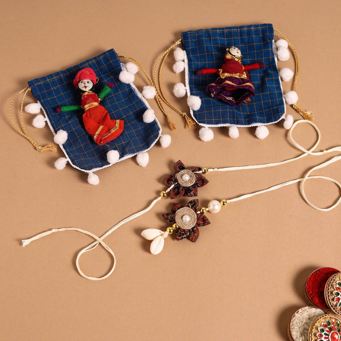  Handmade Fabric Flower Jute Rakhi & Lumba Set 