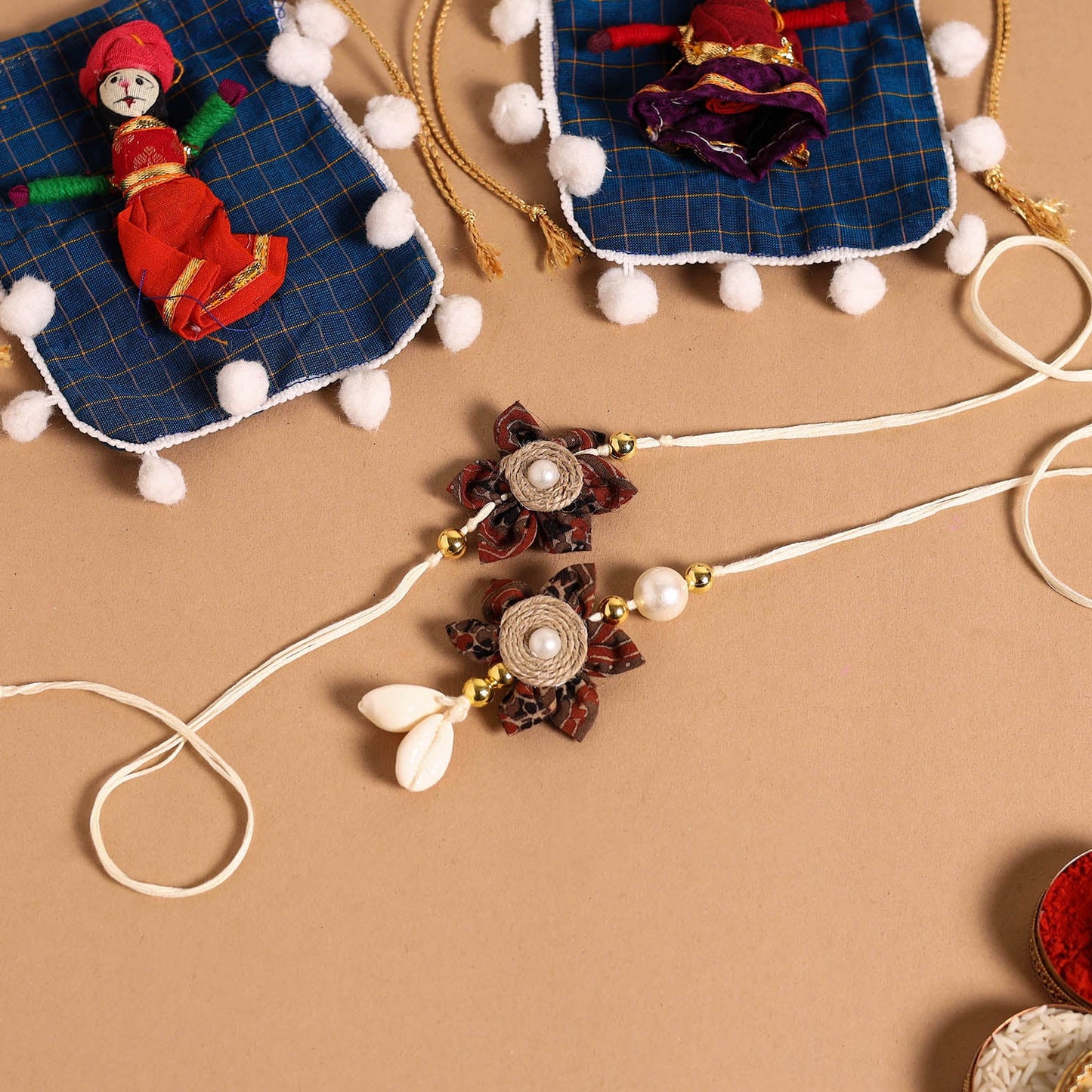  Handmade Fabric Flower Jute Rakhi & Lumba Set 