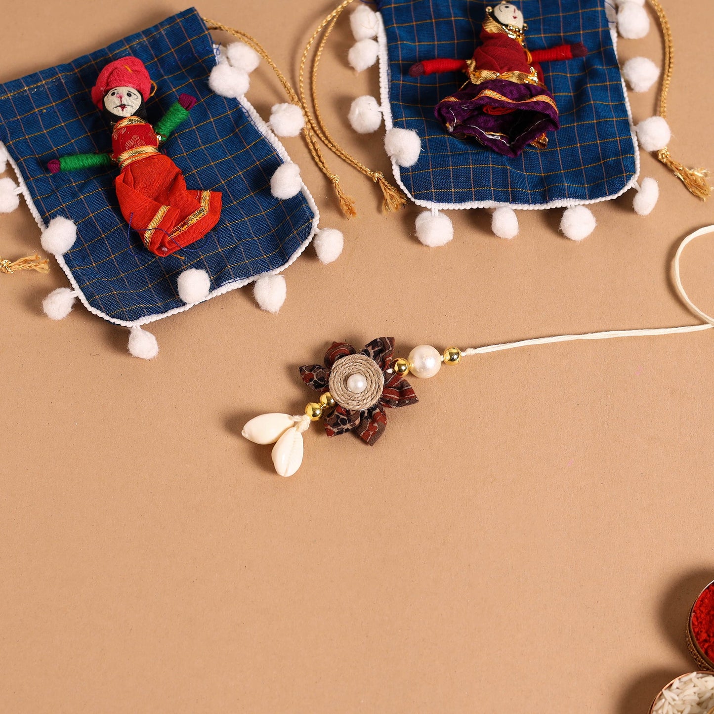  Handmade Fabric Flower Jute Rakhi & Lumba Set 