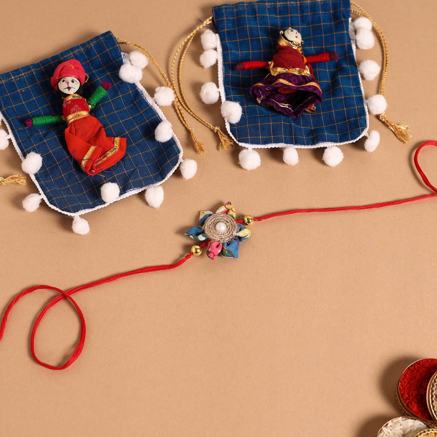  Handmade Fabric Flower Jute Rakhi & Lumba Set 