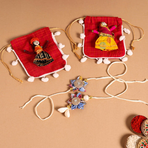  Handmade Fabric Flower Jute Rakhi & Lumba Set 