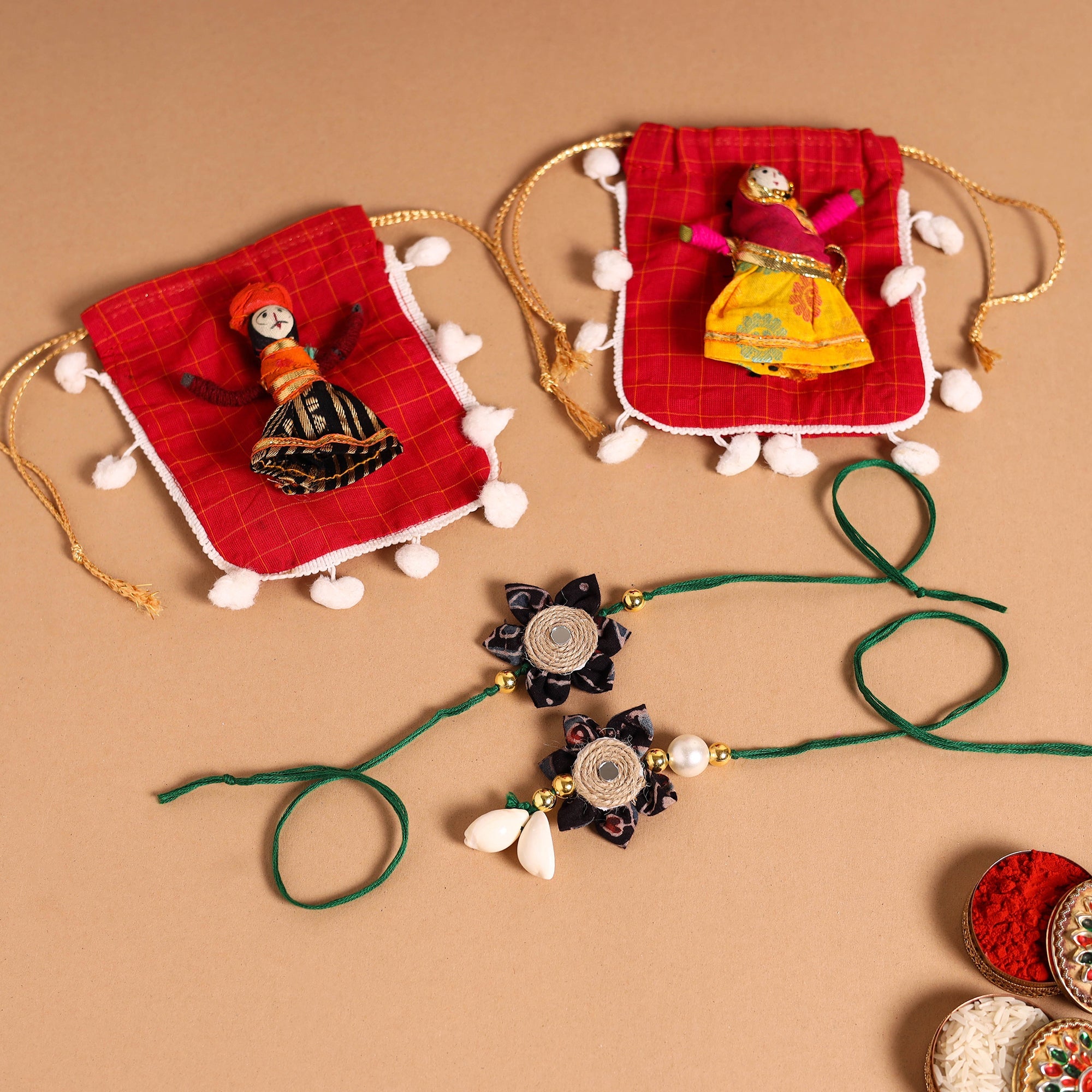 Handmade Fabric Flower Jute Rakhi & Lumba Set