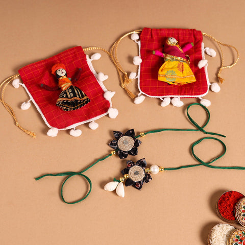  Handmade Fabric Flower Jute Rakhi & Lumba Set 