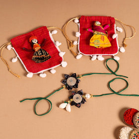  Handmade Fabric Flower Jute Rakhi & Lumba Set 