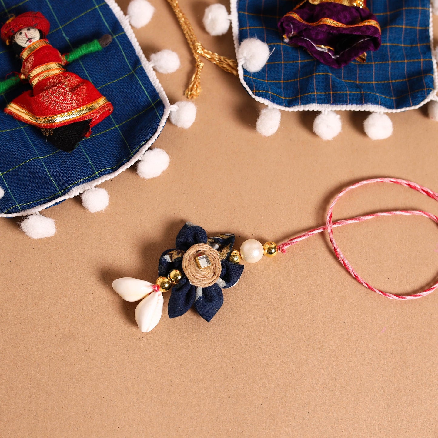 Buy Handmade Fabric Flower Jute Rakhi & Lumba Set 