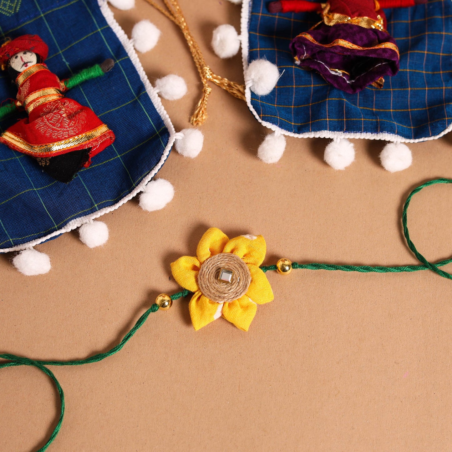  Handmade Fabric Flower Jute Rakhi & Lumba Set 