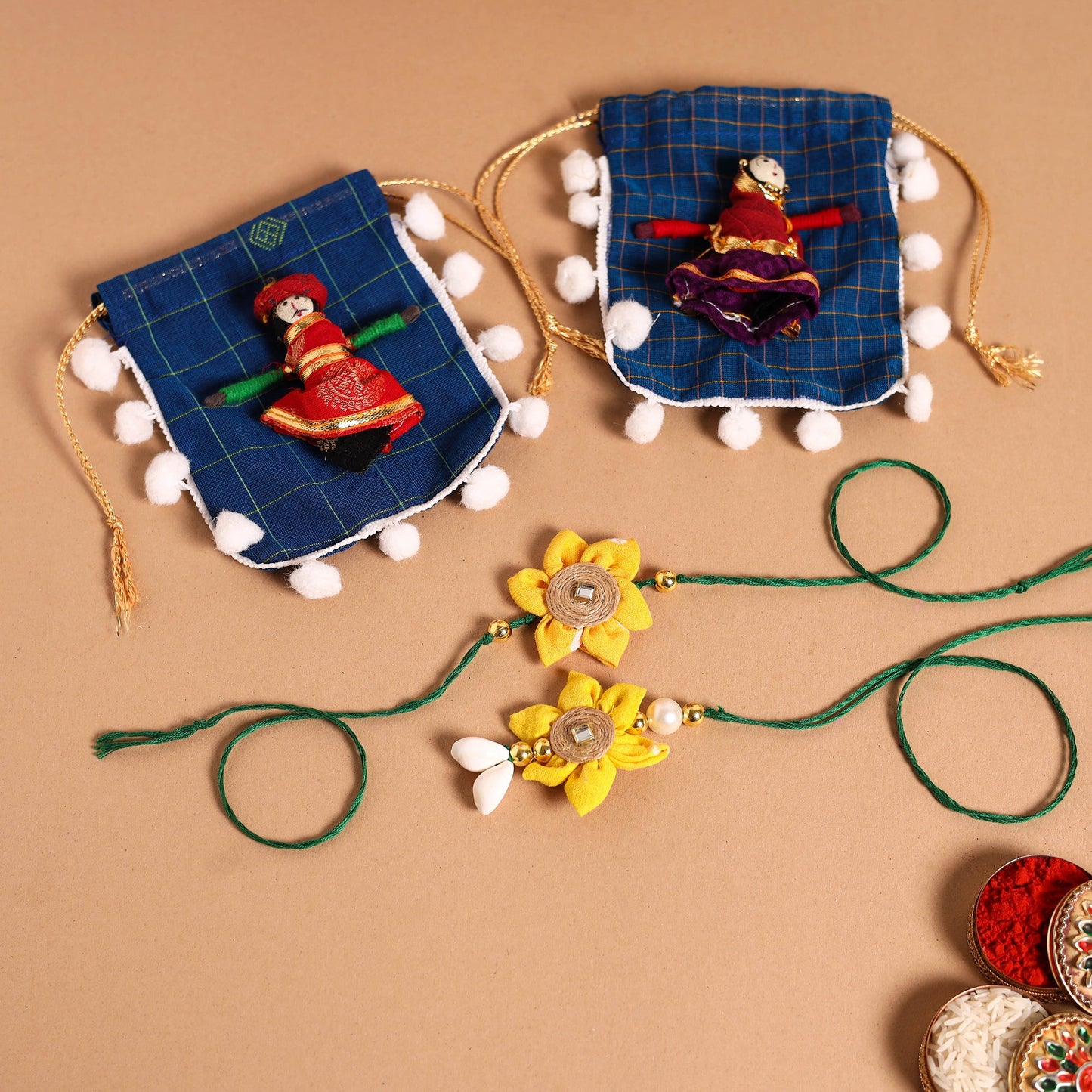  Handmade Fabric Flower Jute Rakhi & Lumba Set 