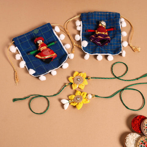  Handmade Fabric Flower Jute Rakhi & Lumba Set 