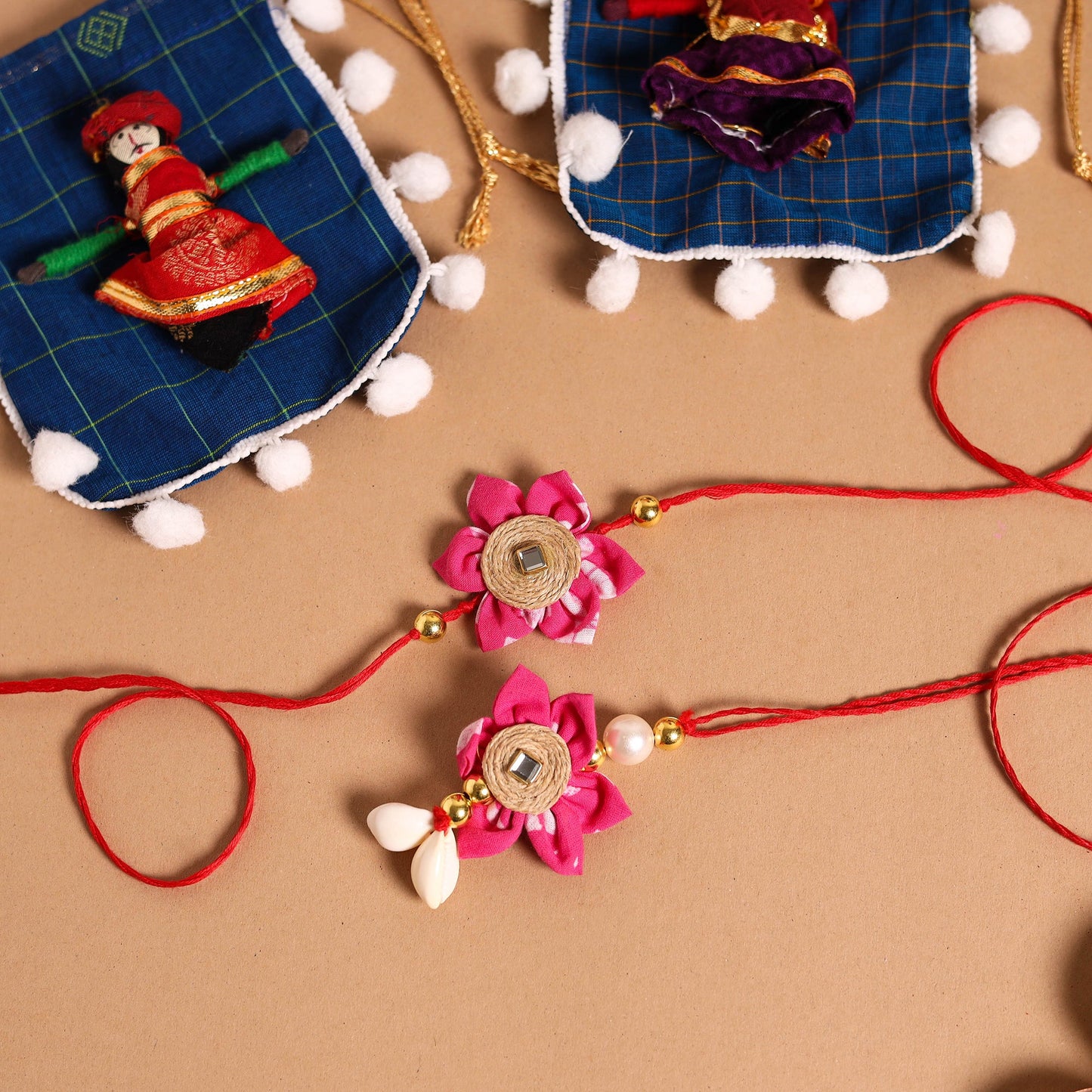  Handmade Fabric Flower Jute Rakhi & Lumba Set 