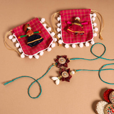  Handmade Fabric Flower Jute Rakhi & Lumba Set 