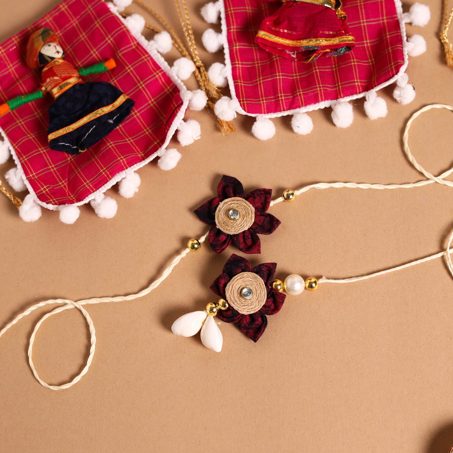  Handmade Fabric Flower Jute Rakhi & Lumba Set 