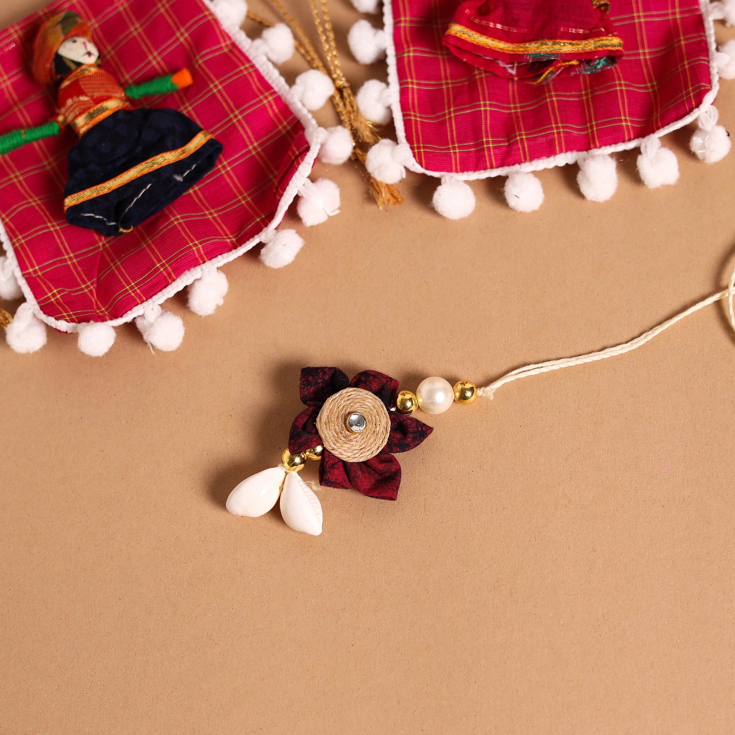  Handmade Fabric Flower Jute Rakhi & Lumba Set 