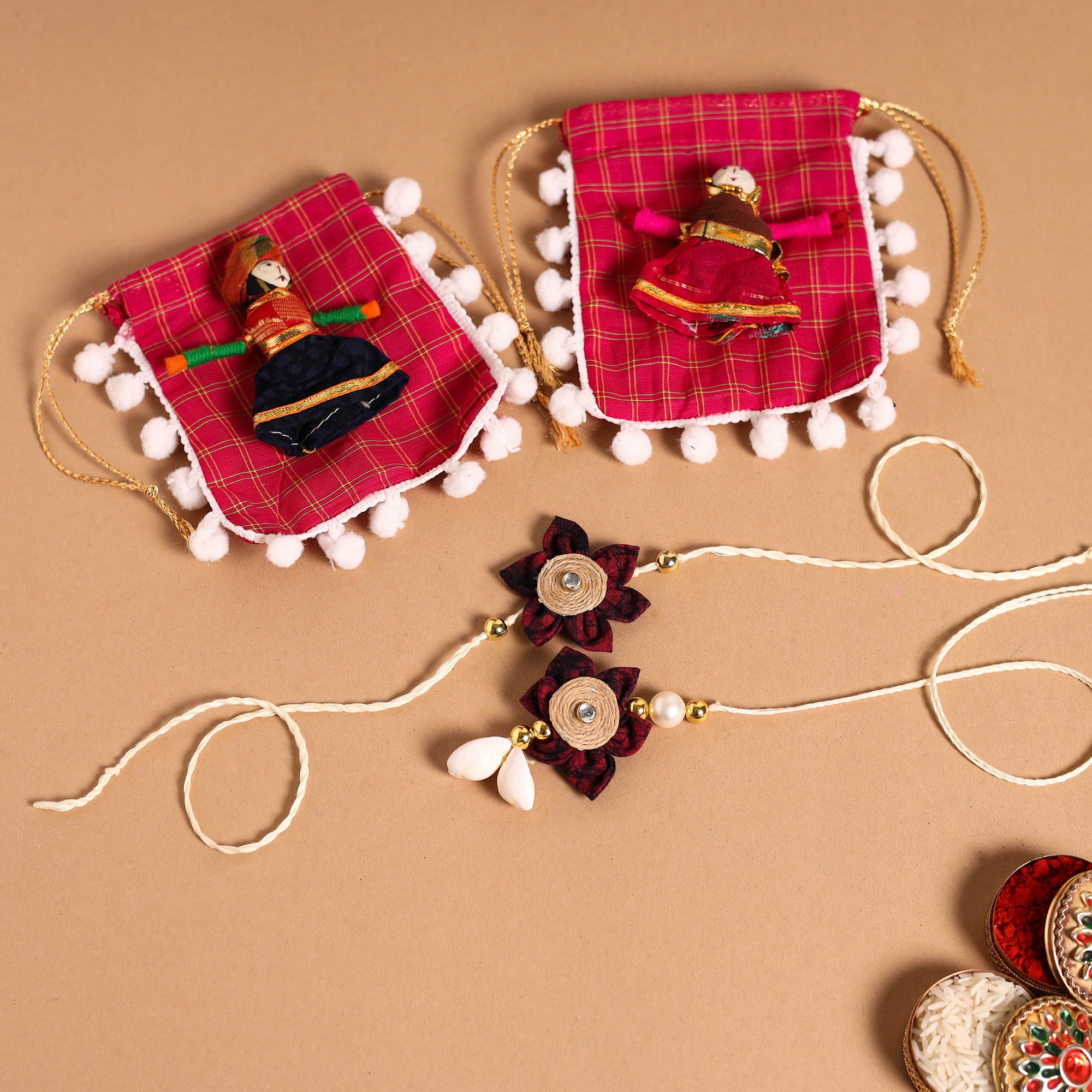 Handmade Fabric Flower Jute Rakhi & Lumba Set