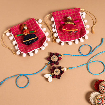  Handmade Fabric Flower Jute Rakhi & Lumba Set 