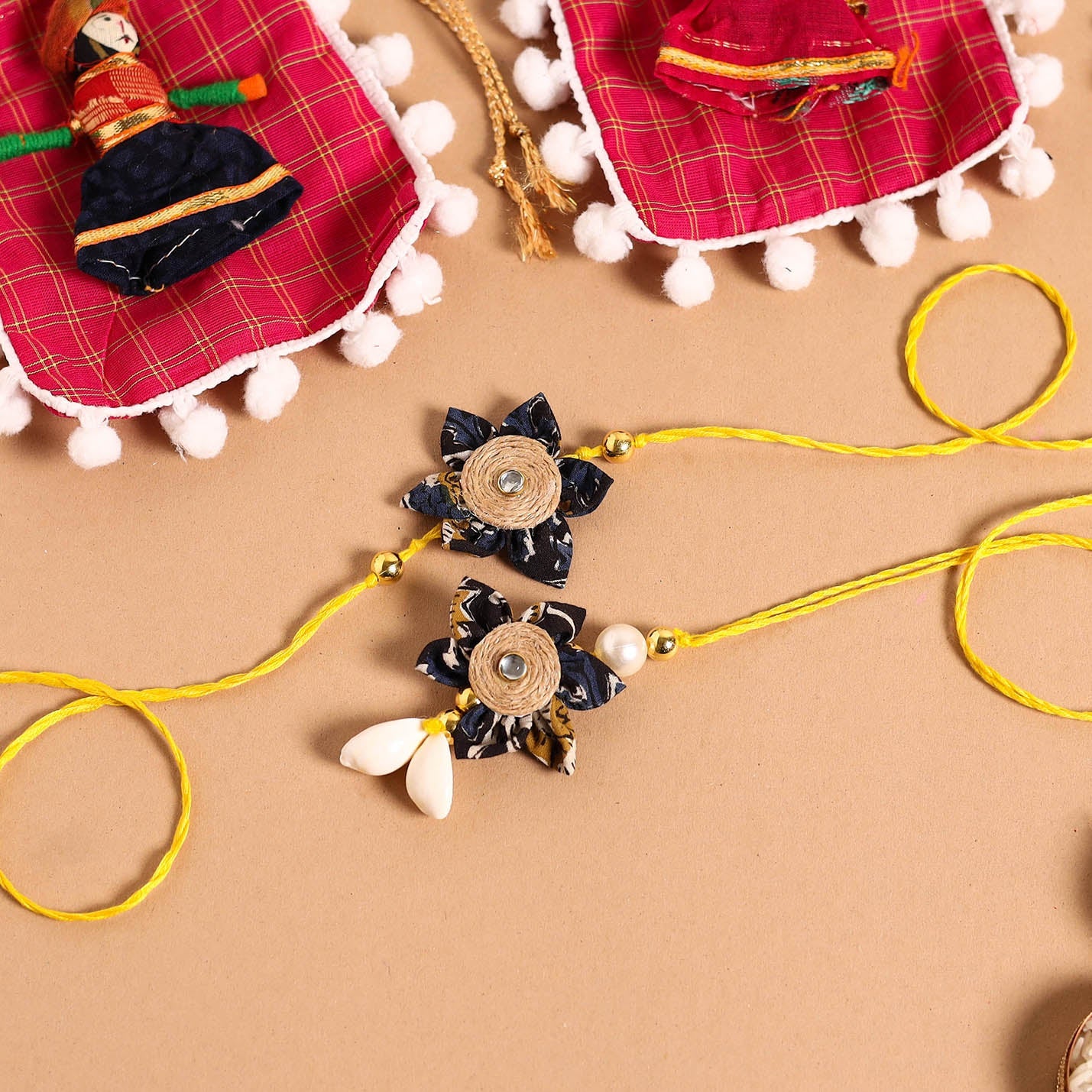  Handmade Fabric Flower Jute Rakhi & Lumba Set 