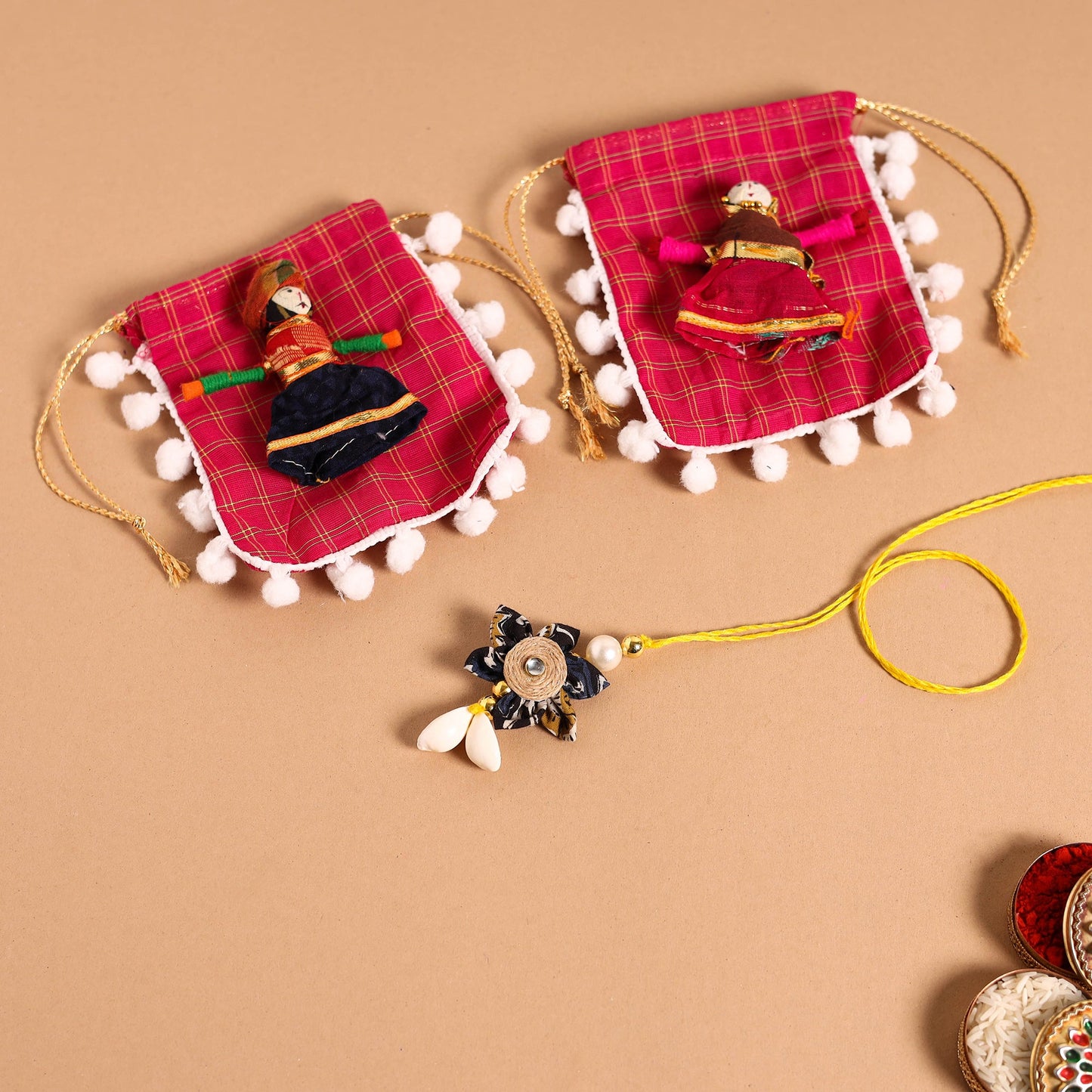  Handmade Fabric Flower Jute Rakhi & Lumba Set 