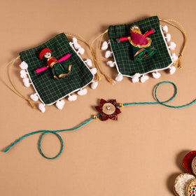  Handmade Fabric Flower Jute Rakhi & Lumba Set 