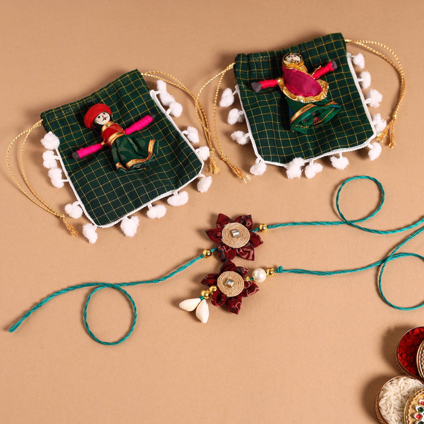  Handmade Fabric Flower Jute Rakhi & Lumba Set 