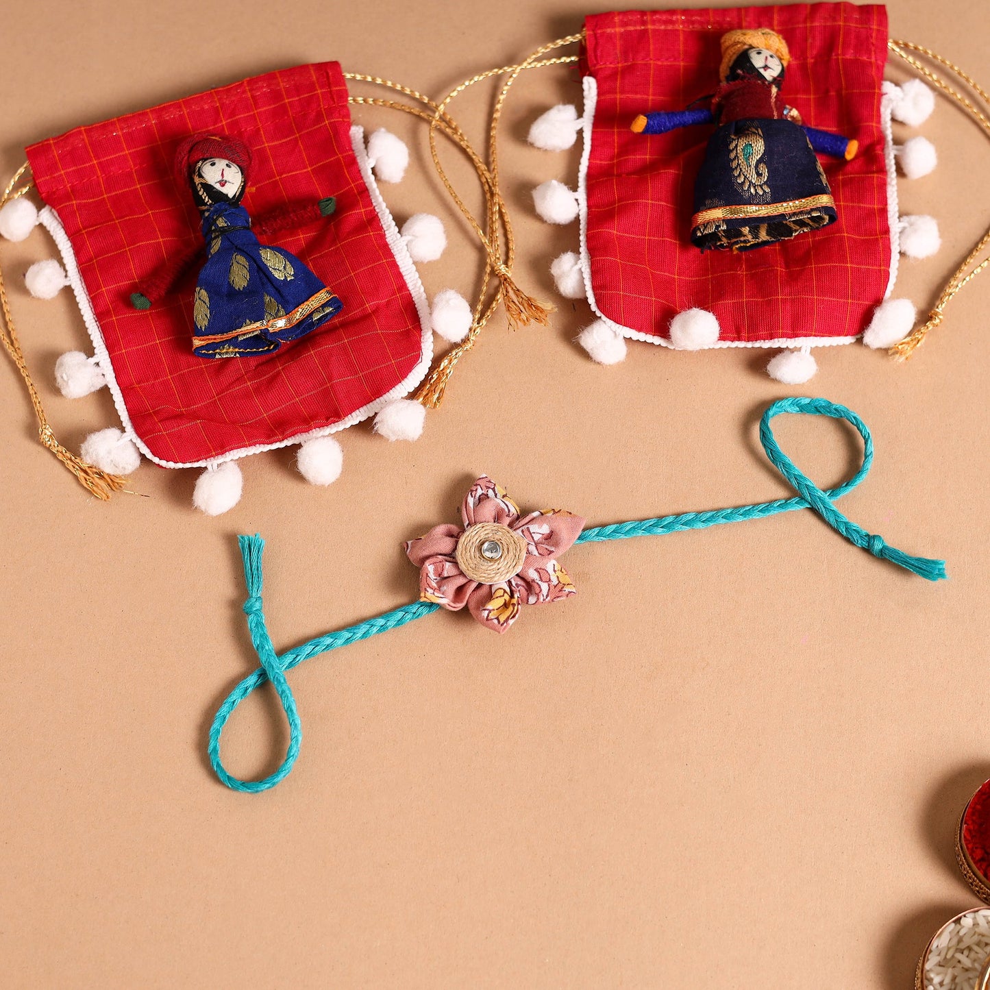  Handmade Fabric Flower Jute Rakhi (Set of 2)