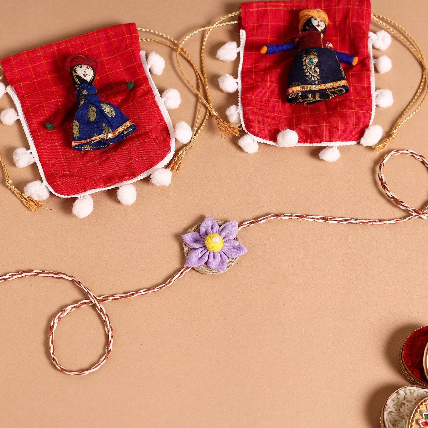  Handmade Fabric Flower Jute Rakhi (Set of 2)