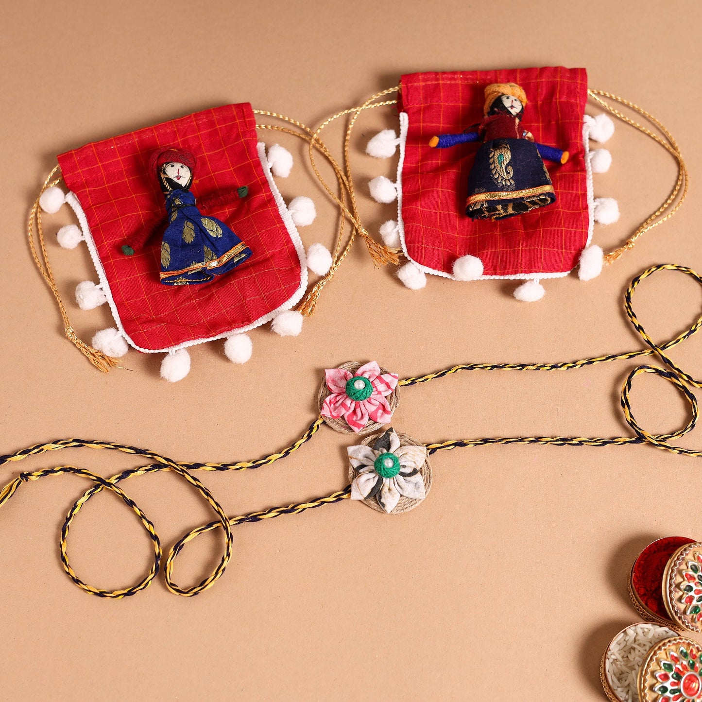  Handmade Fabric Flower Jute Rakhi (Set of 2)