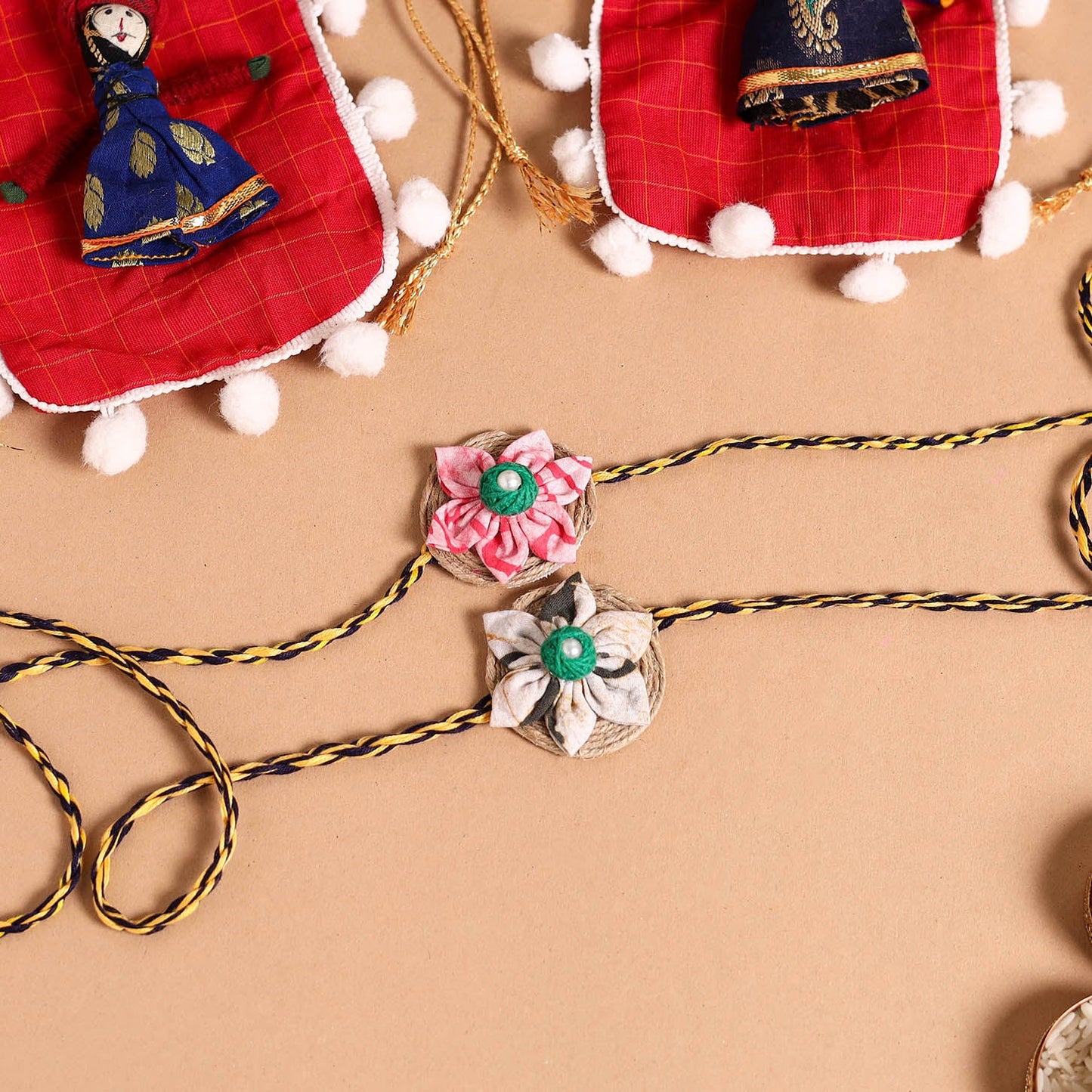  Handmade Fabric Flower Jute Rakhi (Set of 2)