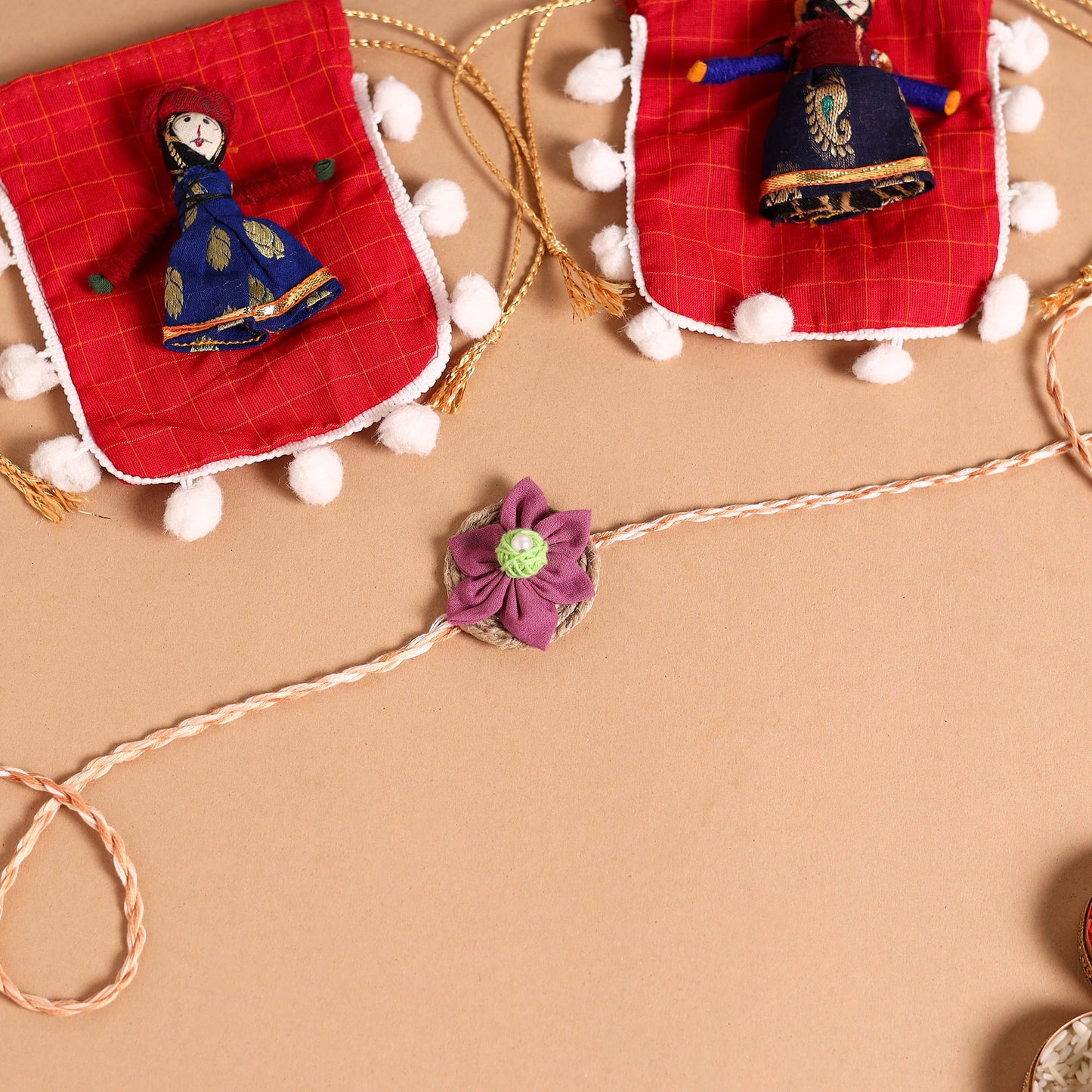 Handmade Fabric Flower Jute Rakhi (Set of 2)