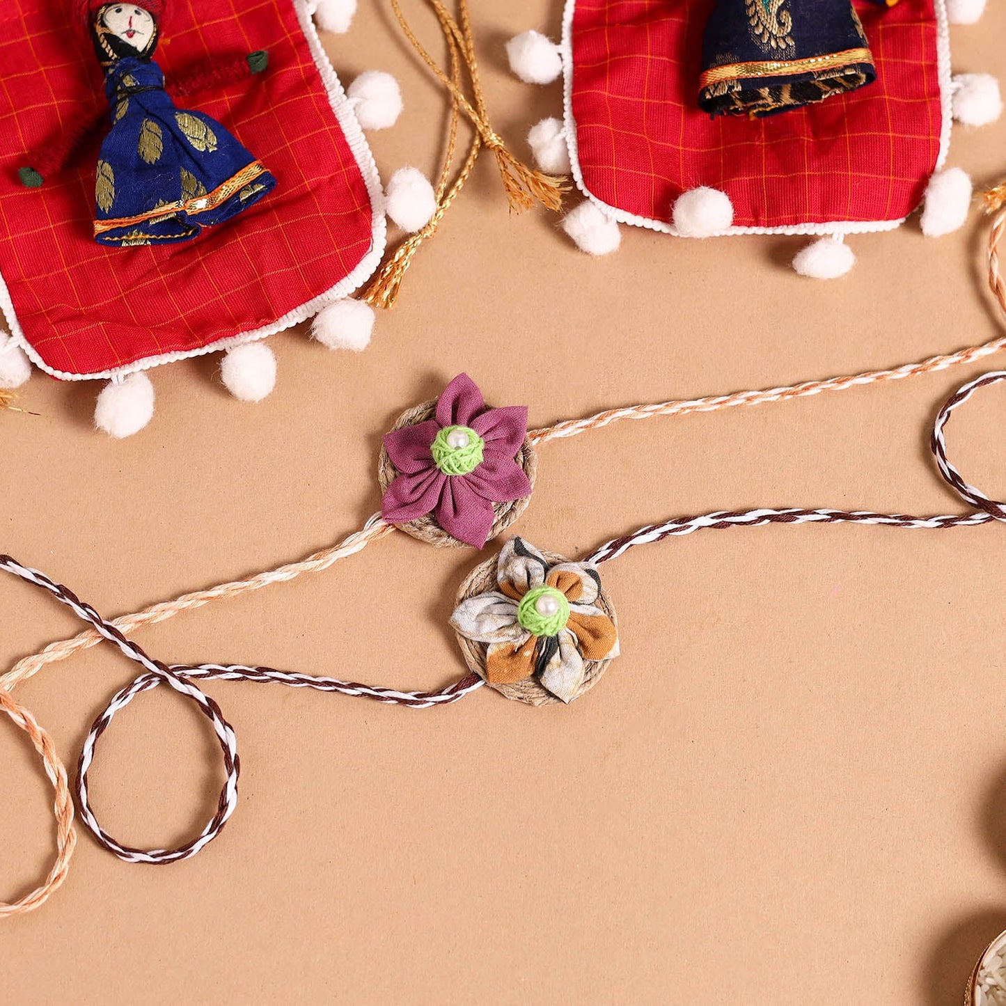  Handmade Fabric Flower Jute Rakhi (Set of 2)