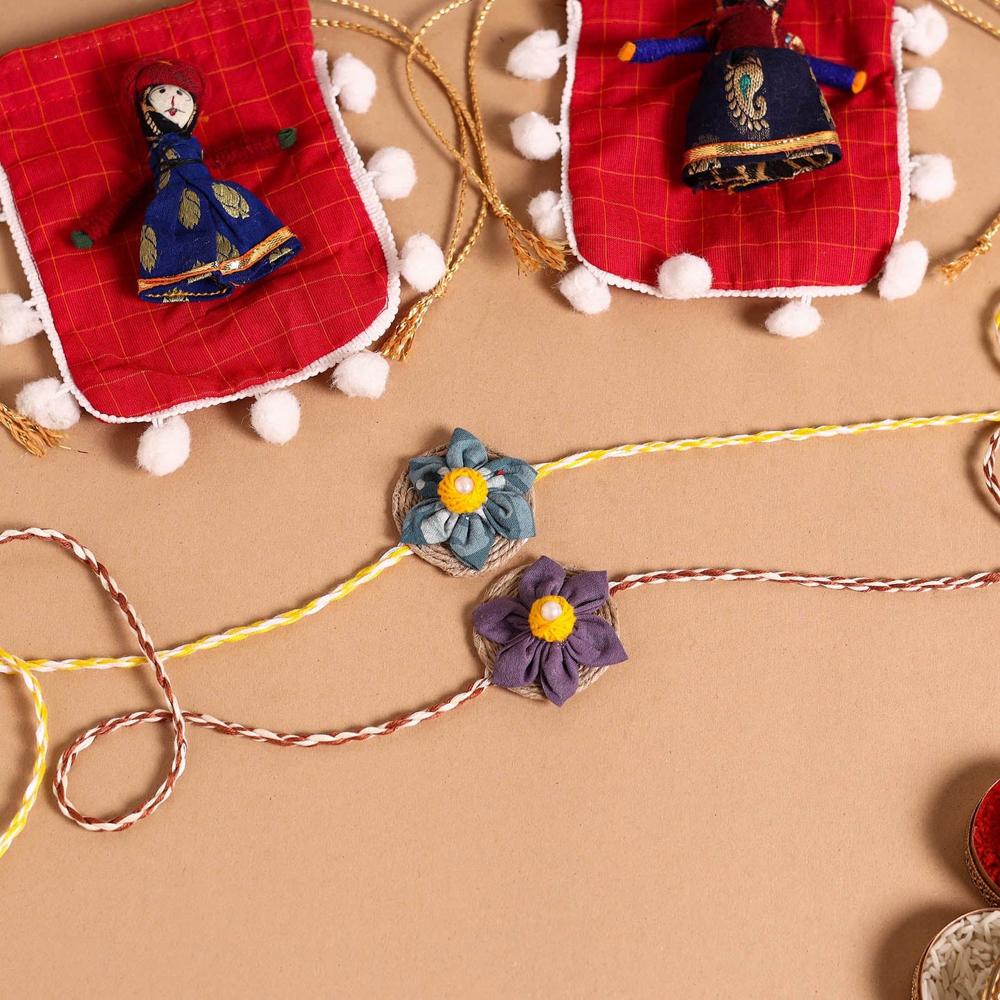  Handmade Fabric Flower Jute Rakhi (Set of 2)