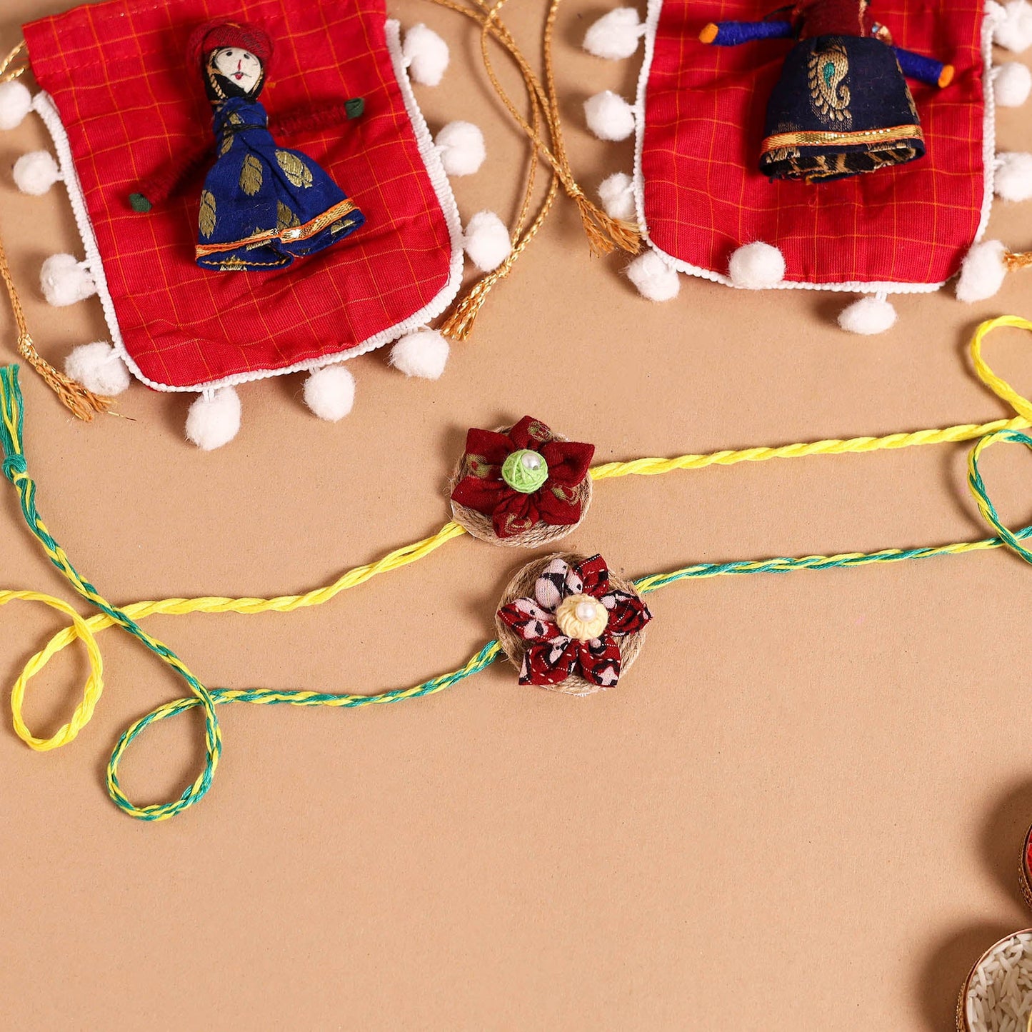  Handmade Fabric Flower Jute Rakhi (Set of 2)