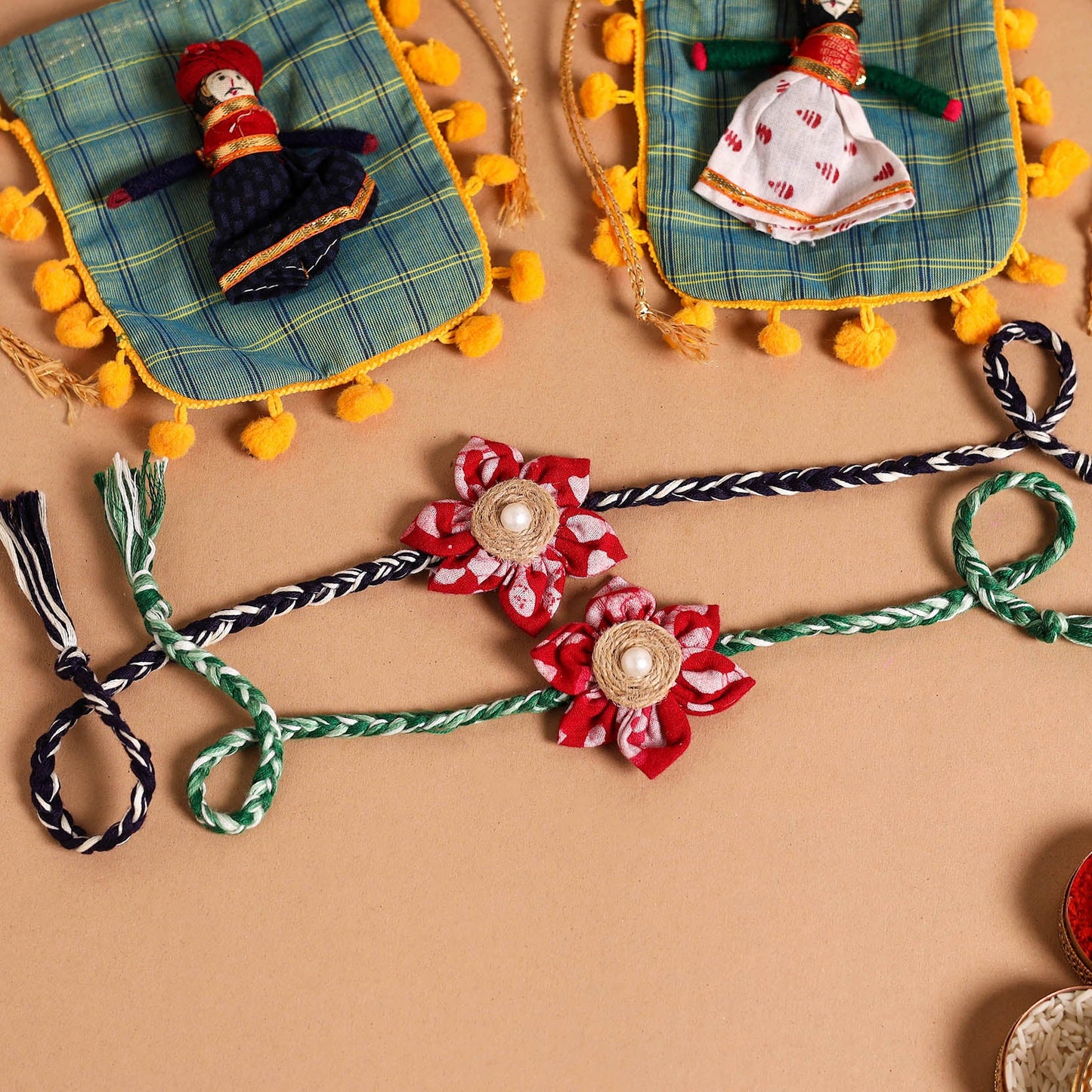  Handmade Fabric Flower Jute Rakhi (Set of 2)