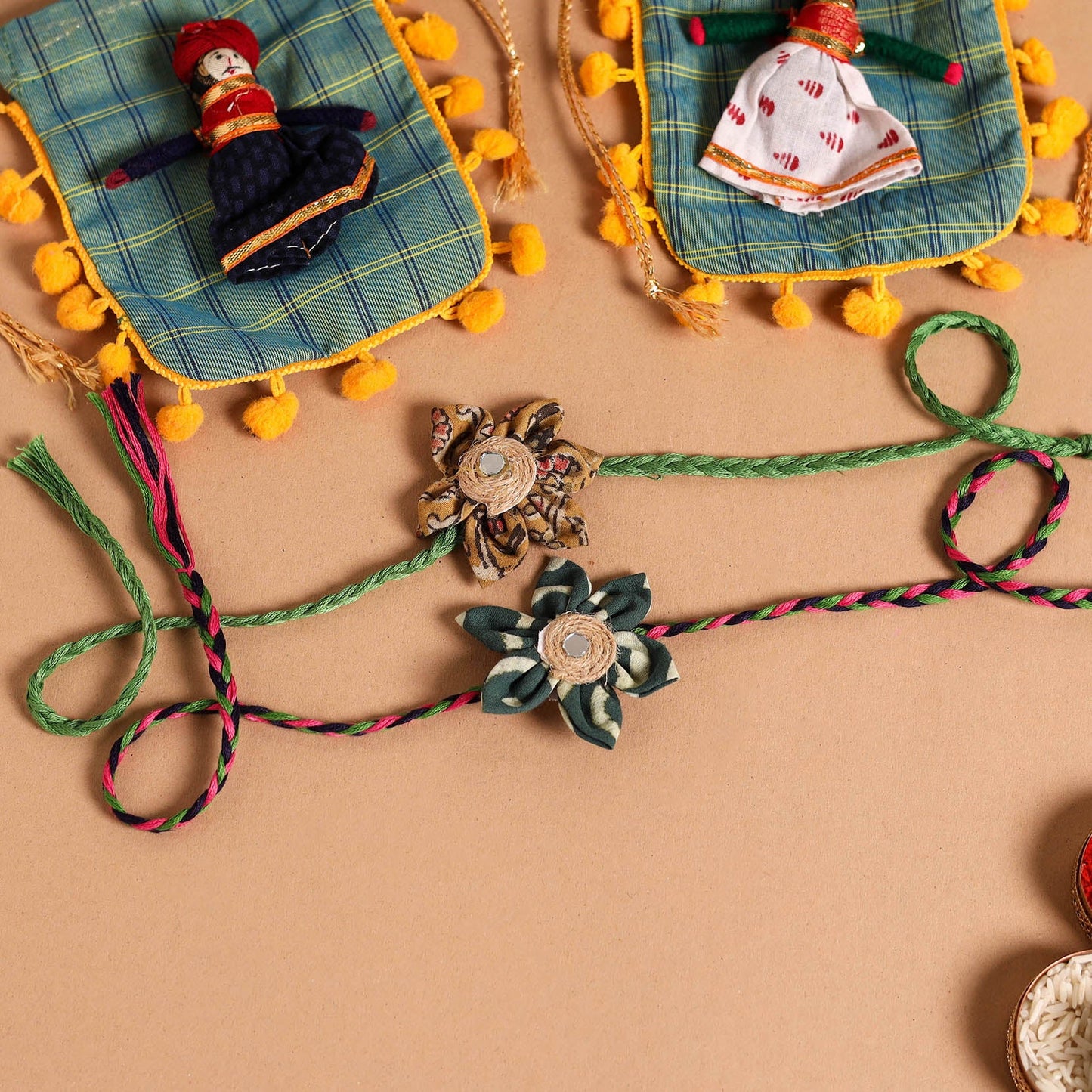 Handmade Fabric Flower Jute Rakhi (Set of 2)